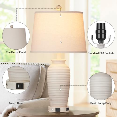 CINSARY 24.3-Inch Farmhouse Cream Jar Table Lamps Set of 2 with USB Charging & Touch Control