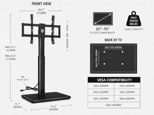 Tall TV Floor Stand with Power Outlet for 32-75 Inch TVs - Black, With Outlet