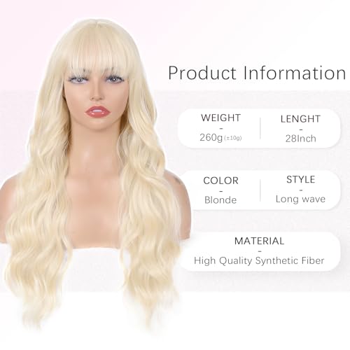 Aida ble Long Blonde Wavy Wig with Bangs - 28-inch Synthetic Hair for Women