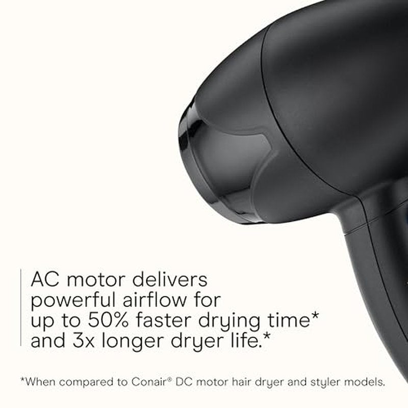 INFINITI PRO CONAIR Travel Hair Dryer, 1600W Mighty Mini Compact Blow Dryer with Concentrator Attachment, Lightweight Professional AC Motor for Fast Drying, 3 Heat & 2 Speed Settings, Black