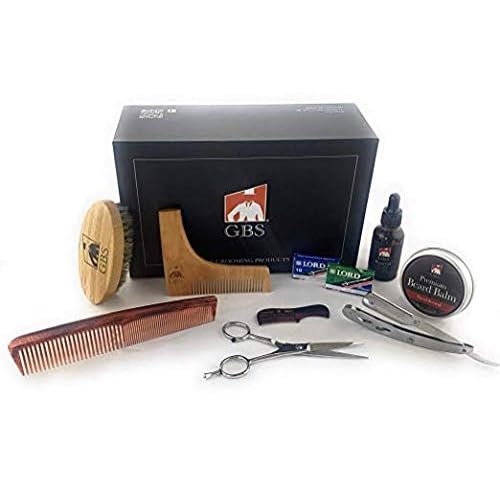 G.B.S Beard Care Razor kit, Beard Oil, Beard Brush, Sandalwood Beard Balm, Barber Scissors, Dressing Comb, MCT Mustache Comb and Razor Shavette Blades