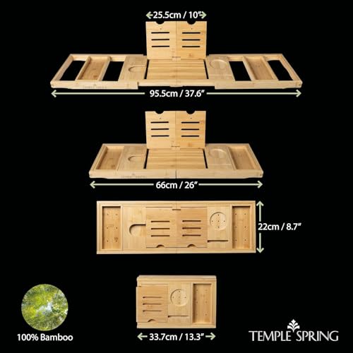 Foldable Bamboo Bathtub Tray Caddy - Expandable Wooden Bath Table with Wine & Book Holders - Space-Saving Bath Accessory - Housewarming Gift