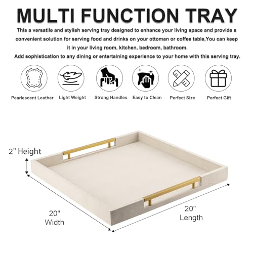 Large Beige Faux Leather Serving Tray with Handles - 20x20 Inches, Stylish Ottoman & Coffee Table Decor