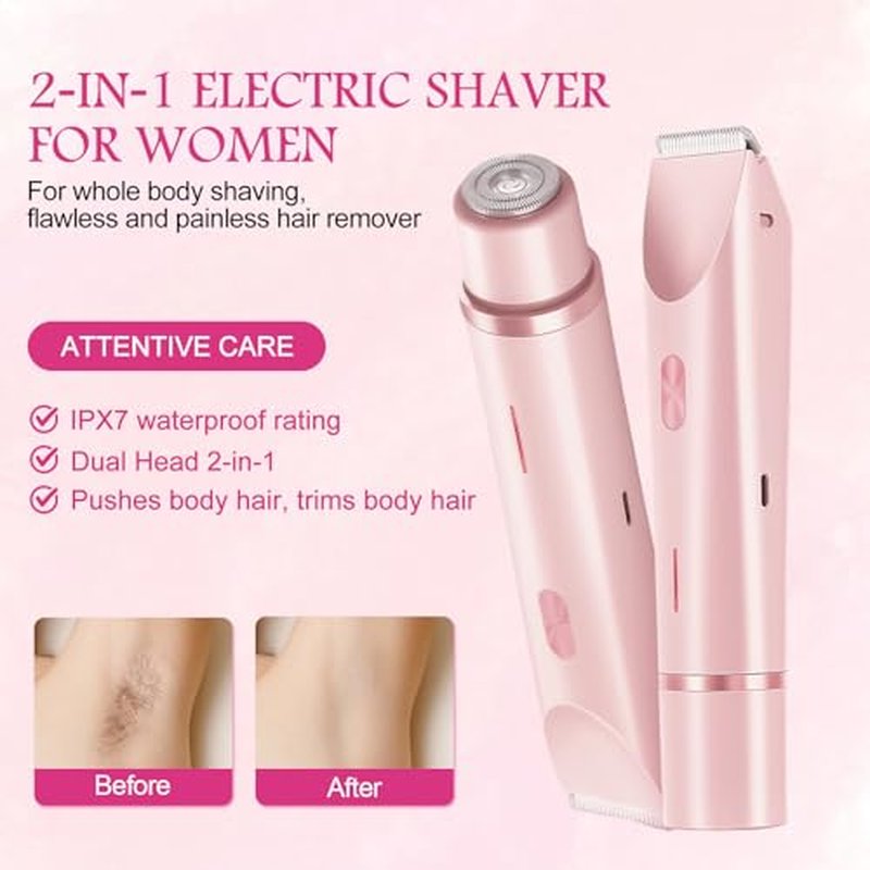 Bikini Trimmer for Women, 2 in 1 Electric Razors for Women, Rechargeable Cordless & Painless Hair Removal, Ultra Low Silent, Easy Cleaning, IPX7 Waterproof Bikini Shaver for Sensitive Skin (Pink)