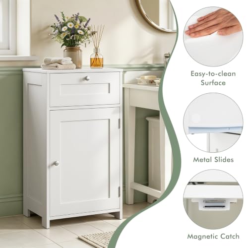 GIANTEX White Floor Bathroom Storage Cabinet 13.5"D x 17"W x 30.5"H with Door & Drawer