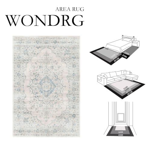8x10 Blue Washable Neutral Area Rug for Living Room - Non-Slip, Soft