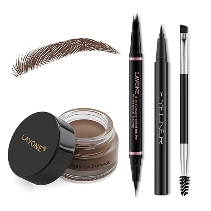 LAVONE Eyebrow Pencil Makeup Kit Waterproof 2-IN-1 Microblading Pen/Pomade Eyeliner and Dual-ended Brush, Brow Pencil Kit for Natural Eyebrows, Dark Brown