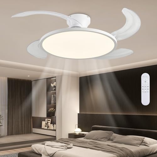 White 42-Inch Retractable Ceiling Fan with Lights & Remote Control - Modern Low Profile Fandelier for Bedroom & Living Room