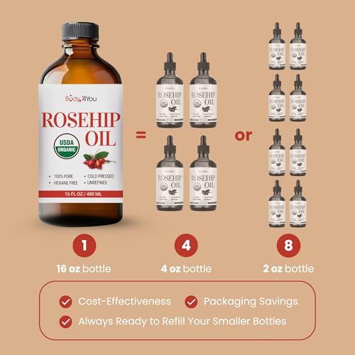 BodyJ4You Organic Rosehip Oil for Face & Skin - 16 Fl Oz Refill, Cold Pressed, USDA Certified Organic