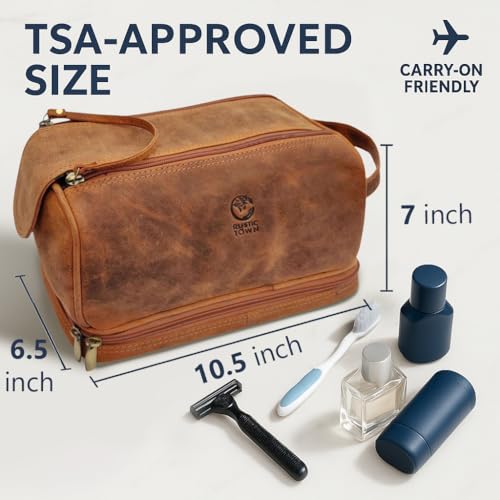 Leather Toiletry Bag for Men Women - Travel Shaving Dopp Kit - Brown