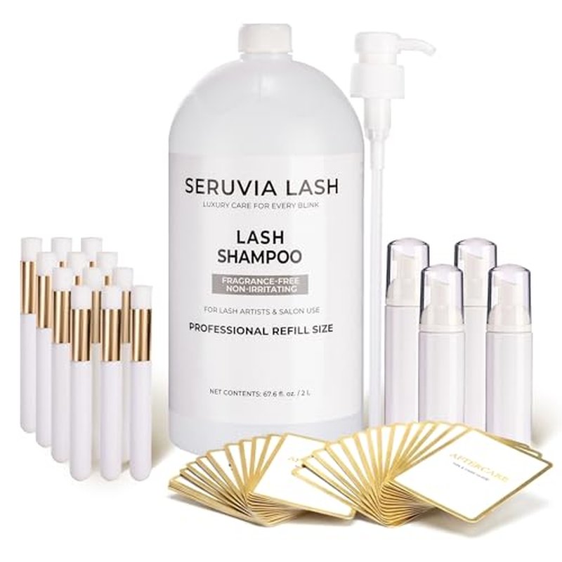 2L Lash Shampoo Bulk Refill Kit, Eyelash Cleanser for Extensions & Safe Makeup Remover, Oil-Free Lash Wash for Sensitive Eyes with 4 Bottles, 12 Brushes & 22 Cards, Salon & Home Use