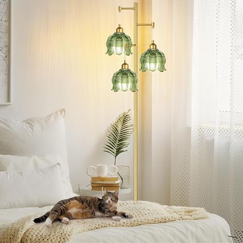 ZECOXOL Green Glass 3-Light Mid-Century Floor Lamp with Brass Tall Stand