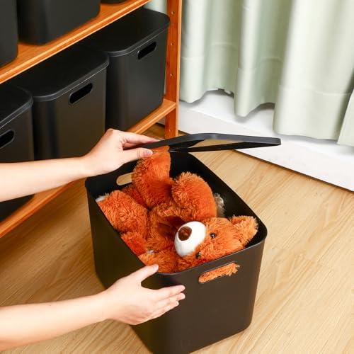 Storage Bins with Lids - 8 Pieces, 14.2 x 10.2 x 9.5 Inch Black Plastic Organizer