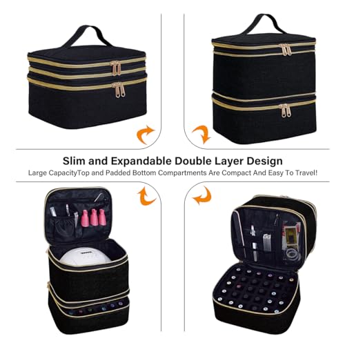 Nail Polish Organizer, Handheld Double Layer Nail Polish Storage with Adjustable Dividers, Holds 30 Bottles (15ml/0.5 fl.oz) for Nail Polish Lamp Manicure Tools and Essential Oil, Black