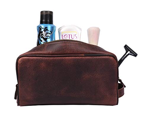 Leather Toiletry Bag for Men and Women - Walnut 10.5 Inch Travel Dopp Kit