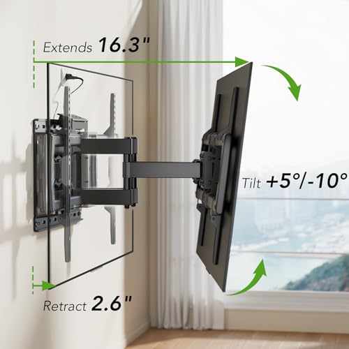 32-85 Inch Full Motion TV Wall Mount with Power Outlet - Dual Articulating Arms, Tilt, Swivel, Extension, Leveling, Fits 8-16 Inch Studs, Max VESA 600x400mm, Holds 132lbs