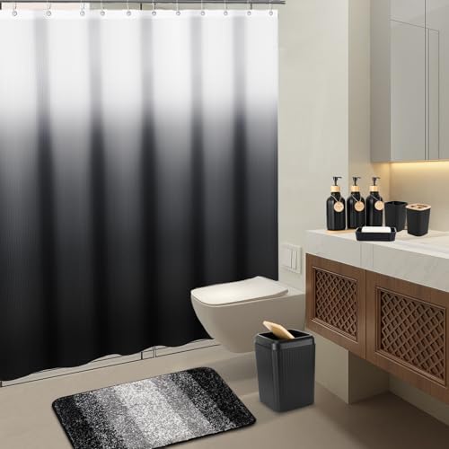 Black Bathroom Set with Shower Curtain and Rugs - 32PCS Toilet Accessories Including Trash Can & More - Variation: Bath Set + Shower Curtain + Bath Rugs