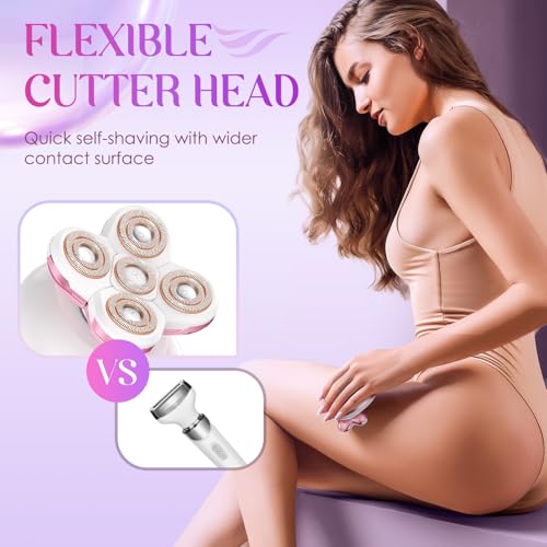 Electric Razors for Women Legs - Painless Body Shavers for Sensitive Skin - 5 in 1 Cordless Lady Trimmer for Women's Leg, Bikini and Face - Waterproof Wet/Dry Remover, Rechargeable, Cherry