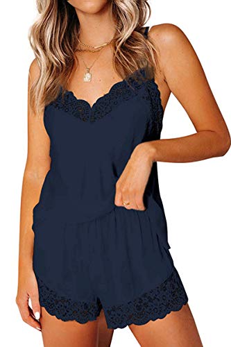 Medium Navy Satin Lace Trim Pajama Set for Women - Silk Sleepwear