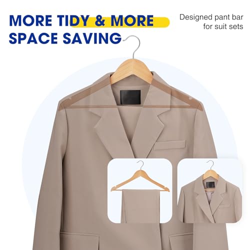 80 Pack Wooden Clothes Hangers - Natural Finish with Pant Bar & Notches, Heavy Duty & 360° Rotatable Hook