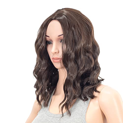 SWACC 15 Inch Short Curly Wavy Synthetic Wig for Women - Dark Brown