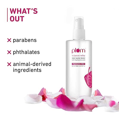 Plum Bulgarian Valley Rose Water Toner |with Hyaluronic Acid & Rose Extracts|100% Natural Rose Fragrance|Soothing and Pore Tightening | Balances Ph Levels (200 Ml (Pack of 1) Colourless)