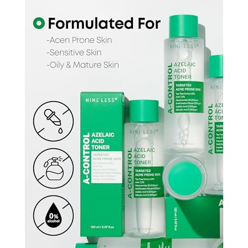 Nineless A-Control Azelaic Acid Toner with AHA & BHA - Pore Refining & Soothing Facial Toner for Acne-Prone Skin - Redness Relief & Dark Spot Corrector, Korean Skincare, 5.07 fl.oz