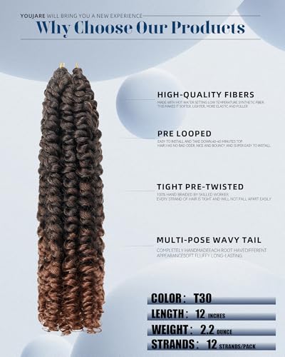 Youjare 12 Inch Pre-Looped Passion Twist Crochet Hair Extensions Pack of 8 T1B/30 Ombre Brown