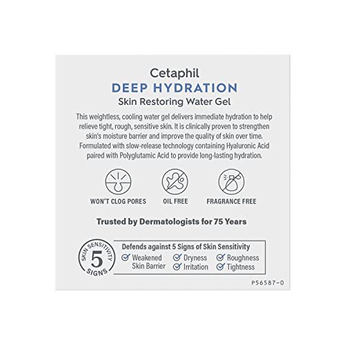 Cetaphil Deep Hydration Skin Restoring Water Gel with Hyaluronic and Polyglutamic Acid, Face Moisturizer, 72 Hour Hydration, For Dry, Dehydrated Sensitive Skin, Fragrance Free, 1.7 oz (Pack of 2)