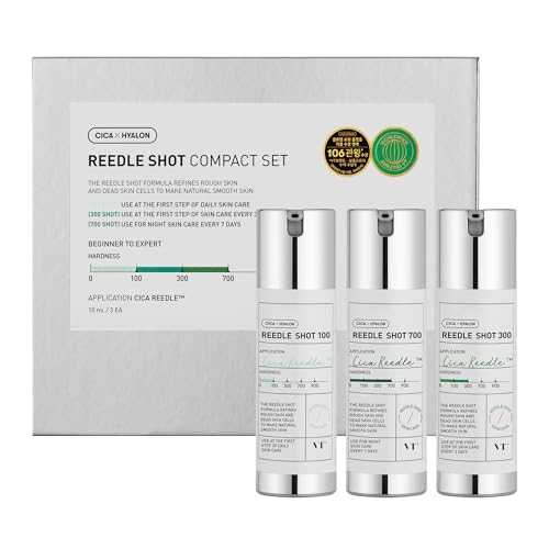 VT COSMETICS Reedle Shot Compact Set, Microneedling Serum Gift Set with Reedle Shot 100, 300, 700, Exfoliating, Anti-Aging, Travel Size Skincare, Gift Set for Glass Skin (0.34 oz / 10ml each)