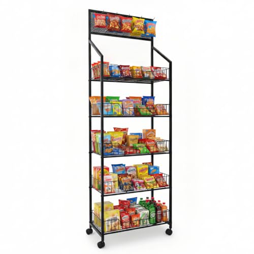 Black 5-Tier Snack Rack Display Stand with Wheels - Chip & Candy Merchandiser