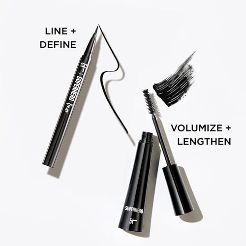 IT Cosmetics Superhero Eye-Defining Makeup Essentials Bundle ? Buildable, Fuller Lash Line ? Superhero Volumizing and Lengthening Black Mascara + Superhero Waterproof and Smudge-Proof Liquid Eyeliner