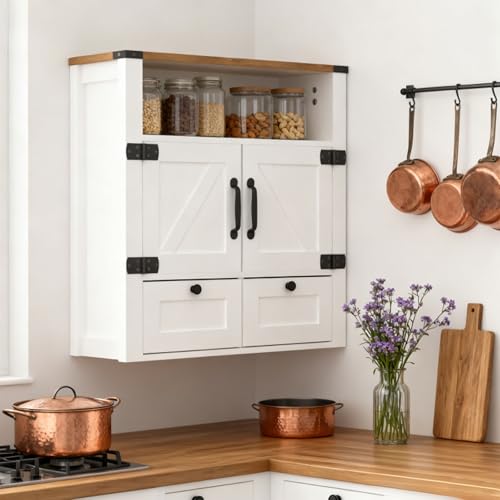 Farmhouse Bathroom Wall Cabinet with Mirror, Wall Mount Storage Shelf