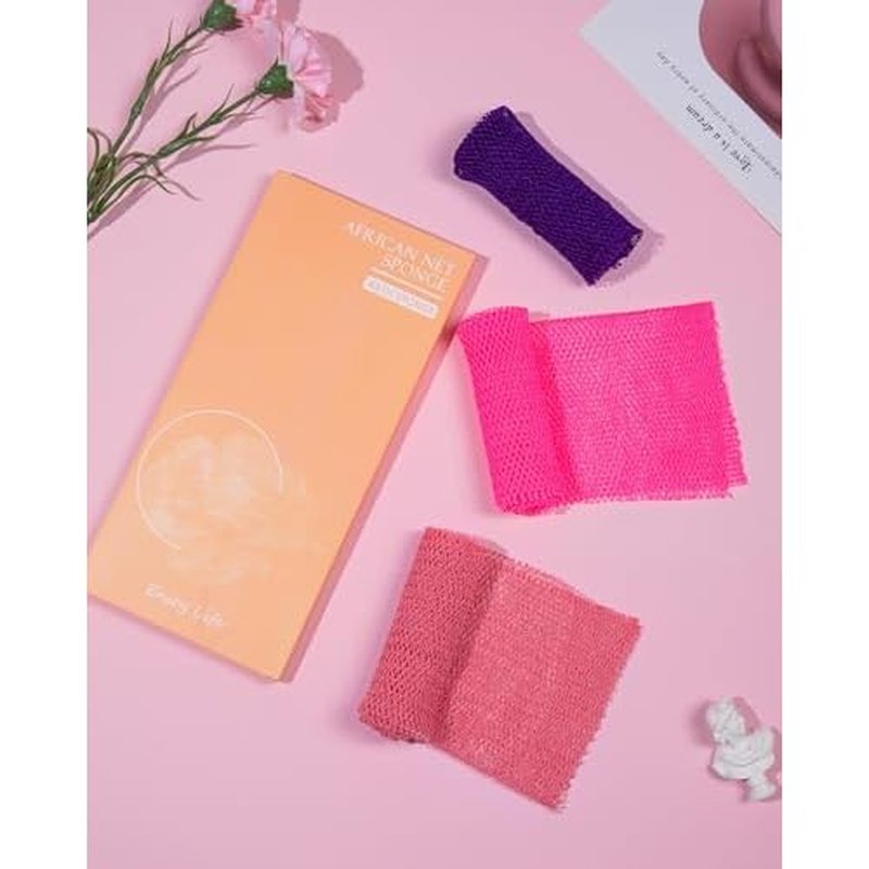 African Net Sponge 3 Pack, Back Scrubber for Shower, XL 80CM Exfoliating Washcloth, African Net Sponge Authentic, Body Scrubber exfoliator Bath Accessories (Pink,Red,Purple)