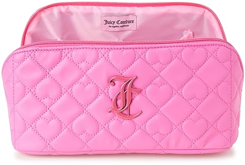 Juicy Couture Pink Faux Leather Quilted Heart Makeup Bag with Top Handle