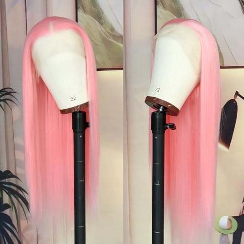 A-Light Pink Synthetic Lace Front Wig Long Straight Hair Natural Hairline Glueless Heat-Resistant Fiber for Women