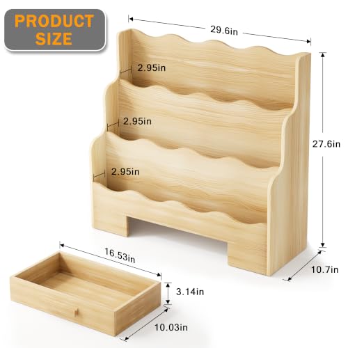 29.6-Inch Montessori Kids Bookshelf with Drawer, 3-Tier Scalloped Design for Nursery & Playroom