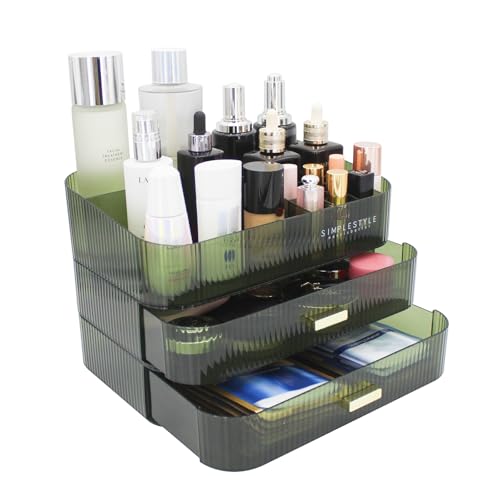 Makeup Organizer with 2 Drawers and Top Tray - Green, Separable & Stackable