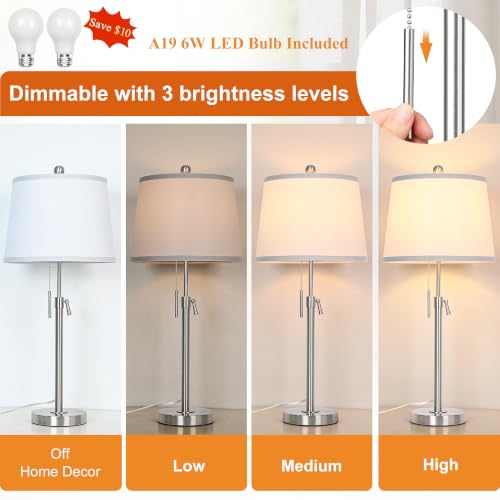 Silver White Shade Set of 2 Modern Adjustable Table Lamps - 22 to 30 Inch Bedside & Living Room Lighting