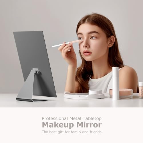 Rectangular Free-Standing Makeup Mirror, Frameless 1X Vanity Mirror with Adjustable Tilt, Metal Base, for Desk, Bathroom Countertop or Windowsill, 12 x 7 Inches
