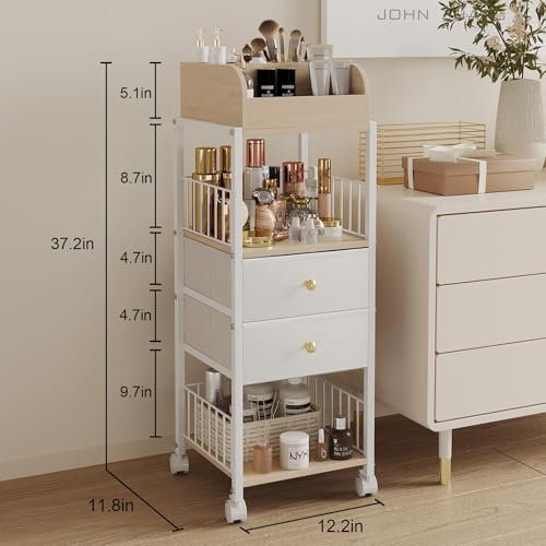 White Floor Makeup Organizer with Drawers and Rolling Casters - ZQUYAJ HZG2402