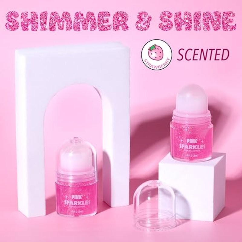 2pc Pink Sparkles Roll-On Glitter Set - Strawberry Scented Roll On Body & Face Glitter, Smooth Rollerball Tip Glitter Stick Face & Body Makeup for Shimmer & Shine