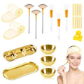 28 Gold Facial Supplies 3 Facial Mask Mixing Bowls 3 Facial Fan Brushes 3 Mask Applicator Brushes 3 Mask Measuring Spoons Skincare Tray 3-Compartment Serving Tray 12 Facial Sponges 2 Spa Headbands