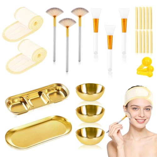28 Gold Facial Supplies 3 Facial Mask Mixing Bowls 3 Facial Fan Brushes 3 Mask Applicator Brushes 3 Mask Measuring Spoons Skincare Tray 3-Compartment Serving Tray 12 Facial Sponges 2 Spa Headbands