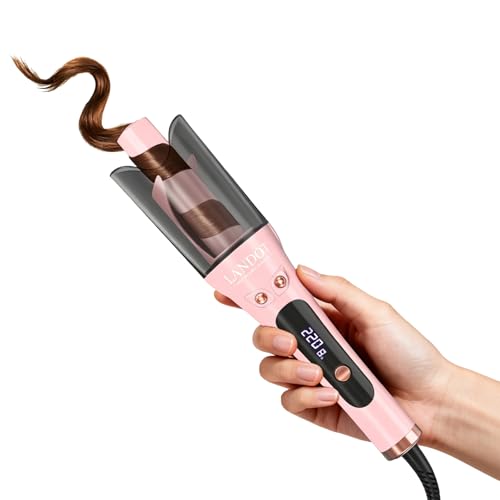 LANDOT Pink Automatic Rotating Curling Iron 1 Inch - Dual Voltage Hair Curler