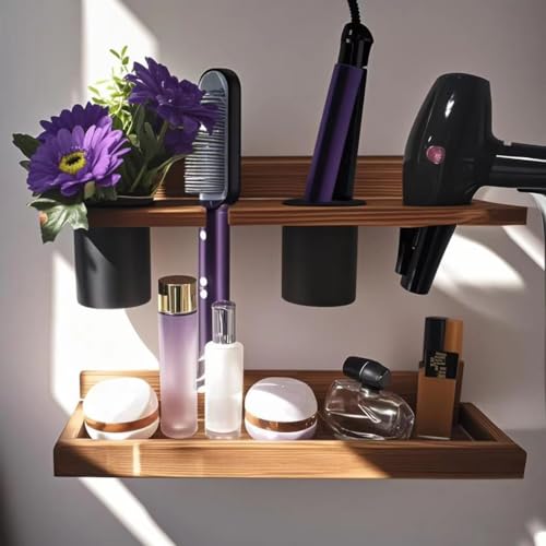 Wall-Mounted Hair Tool Organizer with Heat Resistance - Set of 2 Layer Rustic Blow Dryer Holder (Dark Brown)