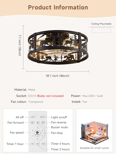 18 Inch Rustic Farmhouse Ceiling Fan with Light - Bear & Deer Silhouettes, Remote Control