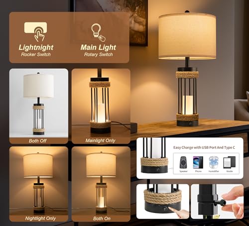 OYEARS Farmhouse Black 25" Set of 2 Table Lamps with Night Light & USB-C Charging Ports