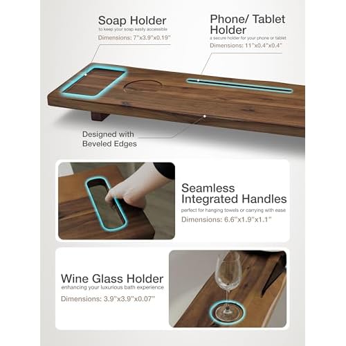 Tinamo Acacia Bathtub Tray Caddy with Adjustable Legs - Bath Tub Tray for Freestanding Tubs - 39x9.75 Inch Large Wooden Anti-Tipping Tub Tray for Bathtub with Accessories Holders (Walnut, 39x9.75)