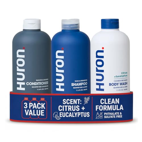 Huron Shower Kit - Citrus + Eucalyptus 3-Piece Body Wash, Shampoo & Conditioner Set